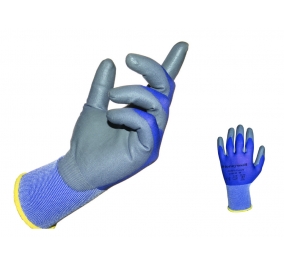 GUANTI PERFECT POLY SKIN IN MAGLIA DI PLIAMMIDE BLU CON PALMO E PUNTA DELLE DITA RIVESTITI IN POLIURETANO GRIGIO, POLSINO E DORS
