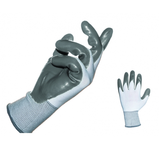 GUANTI NITROSTAR  IN FILO DI NYLON CON PALMO RIVESTITO IN NITRILE GRIGIO DORSO E POLSO ELASTICO.TG.10