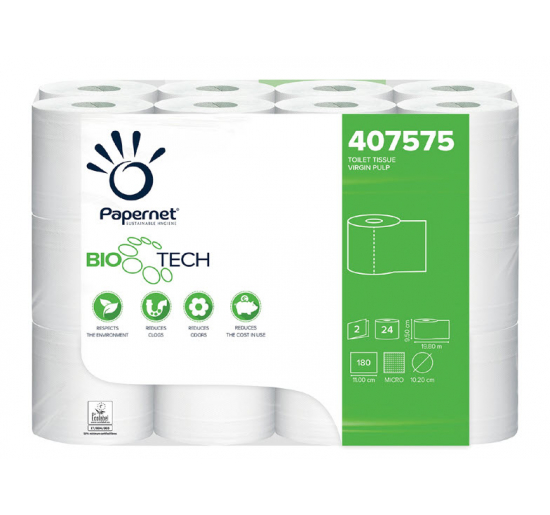 CARTA IGIENICA A DUE VELI E FASCETTATA BIO TECH N. strappi 180 Lunghezza rt. m 19,8 Note sfusa PAPERNET