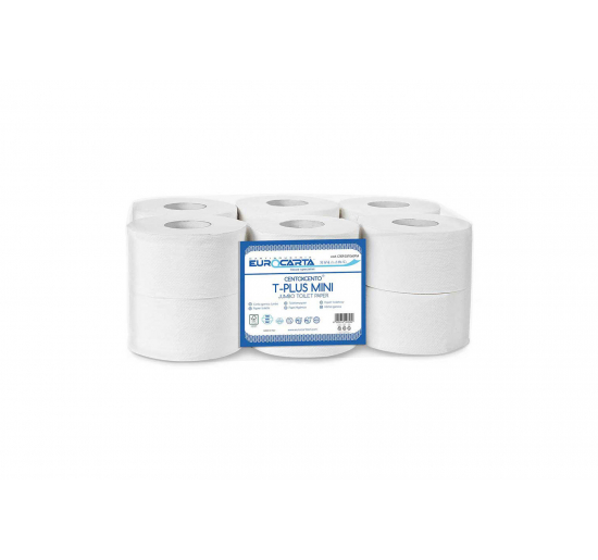 CARTA IGIENICA T-PLUS MINI JUMBO E EUROMAXI JUMBO-    cm 18Øx9H-  Lunghezza rt.-  m 130-  N. strappi-  520-  Modello-  Mini