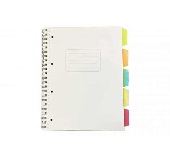 BLOCCO SPIRALATO  FLUO-  5 assortiti-  fg.-  70-  g-  80-  Formato-  cm 29,7x22,1 (A4)-Microperforato - 4 fori-  Rig.-  mm 4