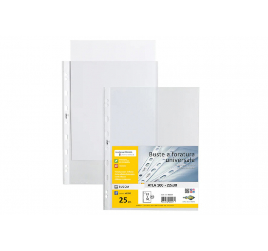 BUSTE A FORATURA UNIVERSALE IN PPL ATLA-  LUCIDE LISCE-  Formato interno-  cm 22x30-alto spessore-  Tipo-  lucide